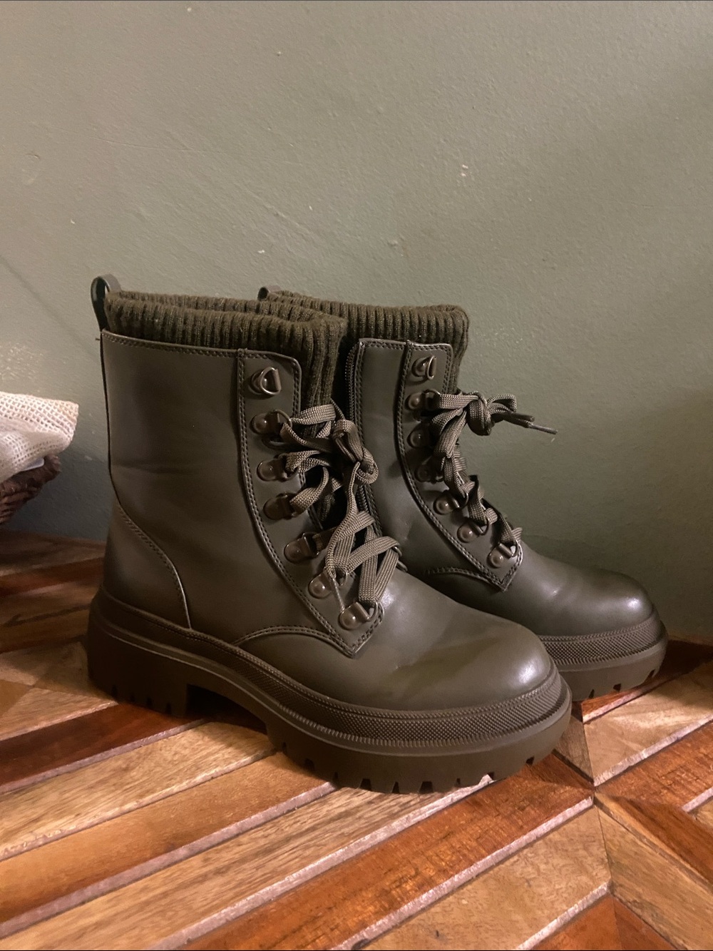 Jennifer Lopez Olive Lace-Up Lug Sole Boots